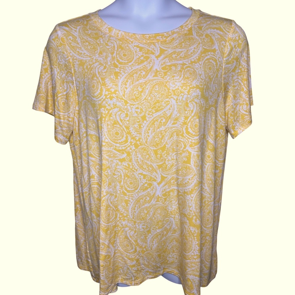 NWT Crown & Ivy Womens Yellow White Paisley Short Sleeve Top Sz XXL Flowy Bright